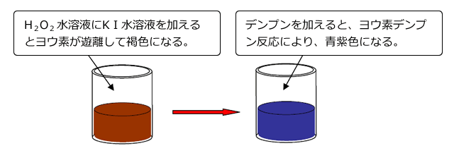 H2O2水溶液にKI水溶液を加えるとヨウ素が遊離して褐色になる。→デンプンを加えると、ヨウ素デンプン反応により、青紫色になる。